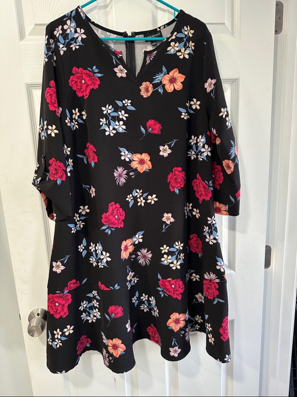 Lane Bryant Black Floral Long Sleeve Dress with Red and Orange Blooms